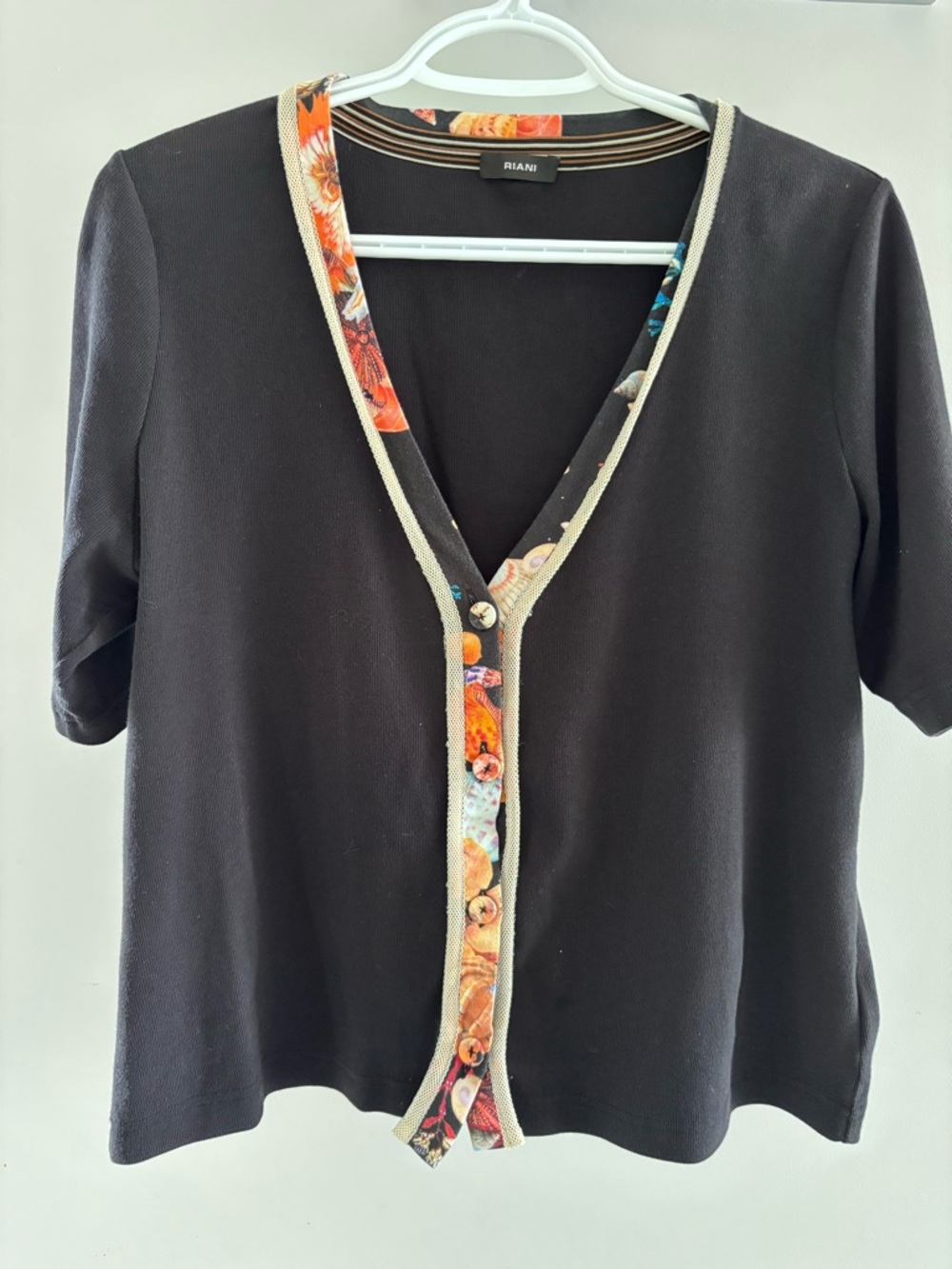Riani Black Short Sleeve Cardigan with Floral Trim